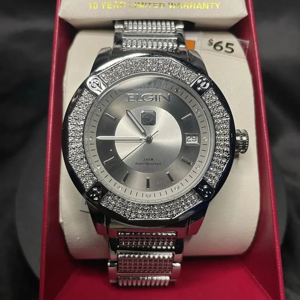 Elgin Men’s Quartz Analog Dress Watch Date Silver Metal Bracelet 50mm Case NIB